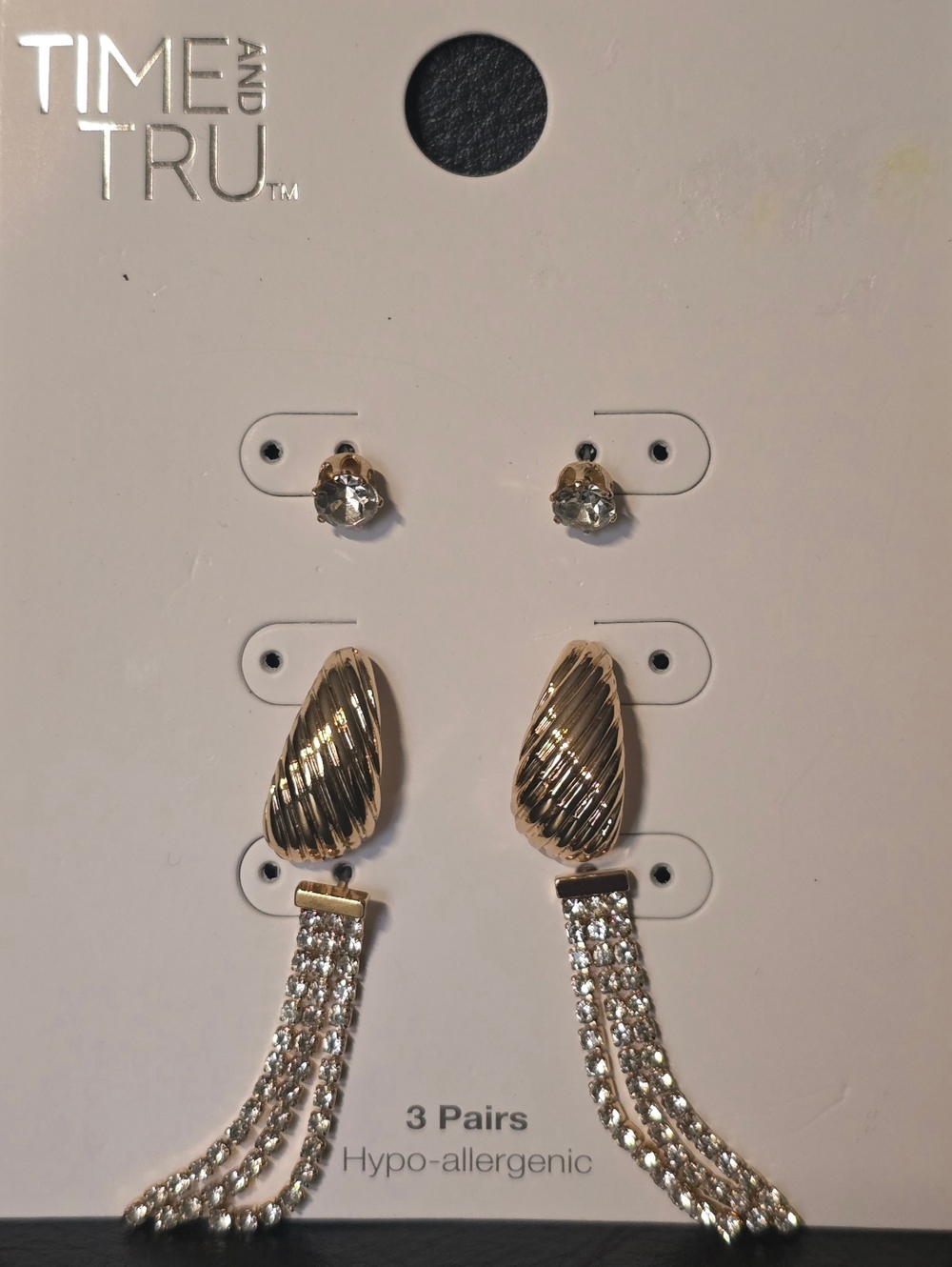 Time and Tru Gold and Clear Crystal Tassel & Stud Earring Set - 3 Pairs